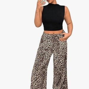 WDIRARA Women's Plus Size Leopard Print Pants Elastic High Waist Trousers with P